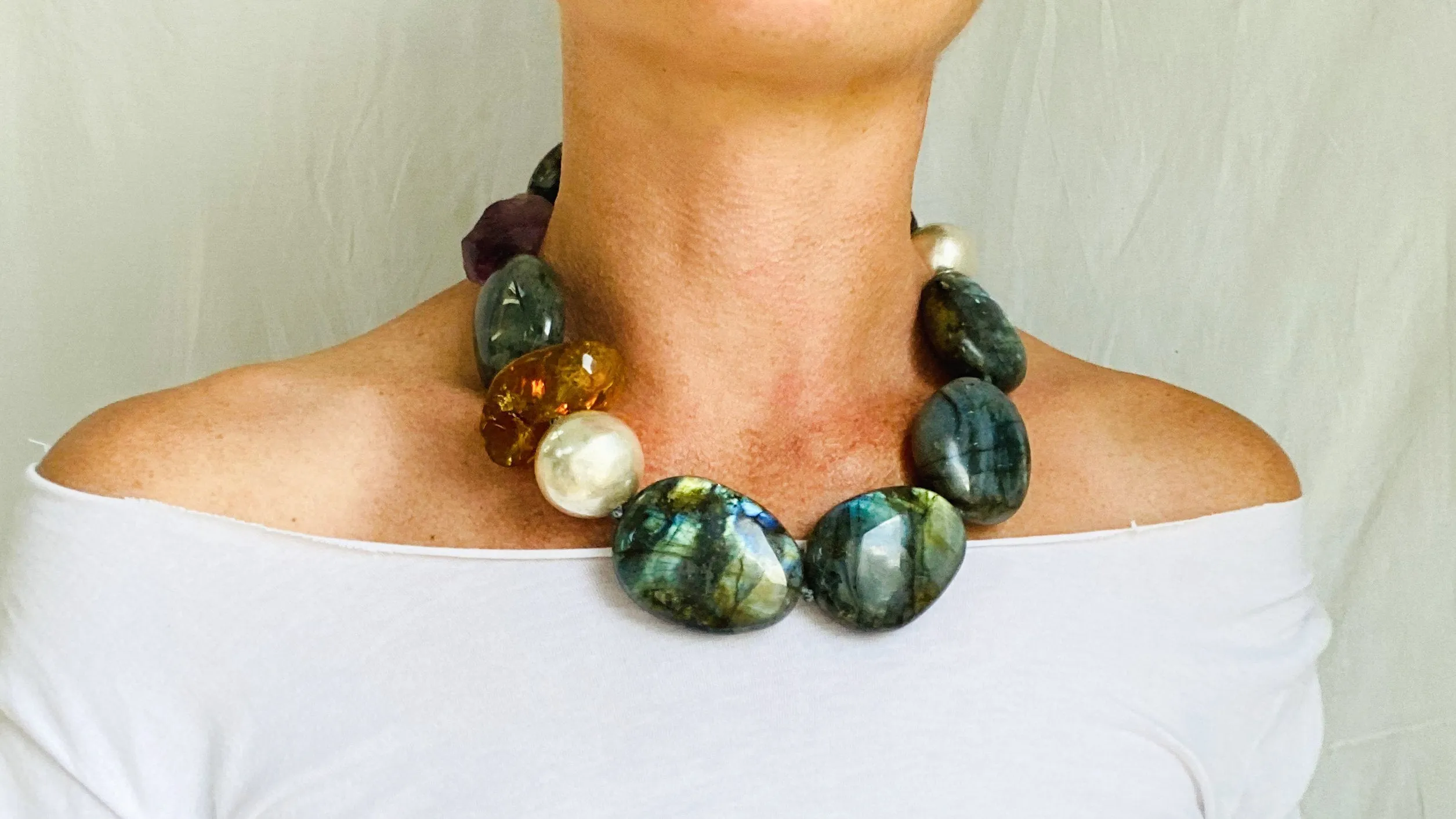 Labradorite, Amber & Flourite Necklace. Sterling Silver.