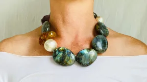 Labradorite, Amber & Flourite Necklace. Sterling Silver.
