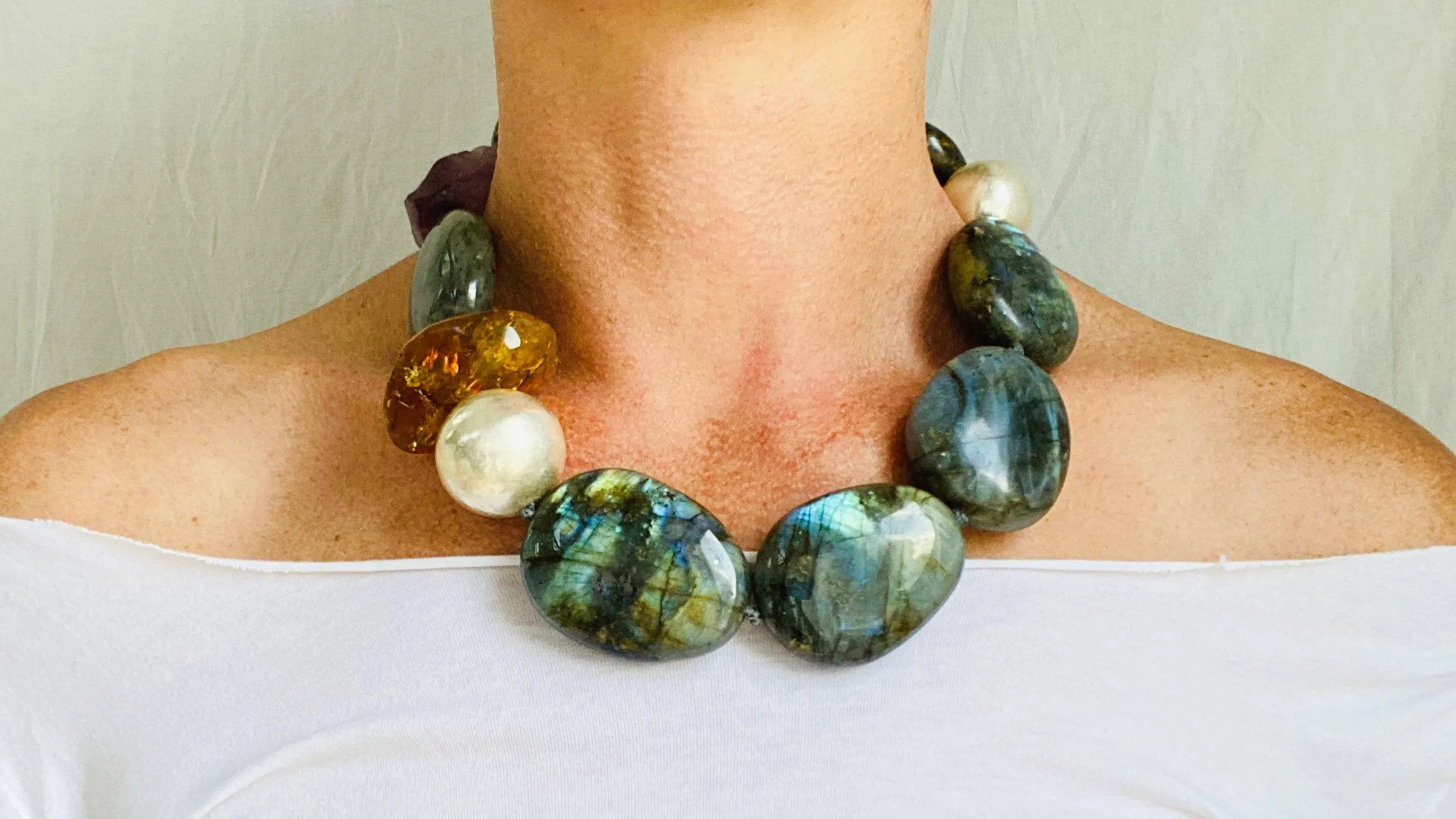 Labradorite, Amber & Flourite Necklace. Sterling Silver.