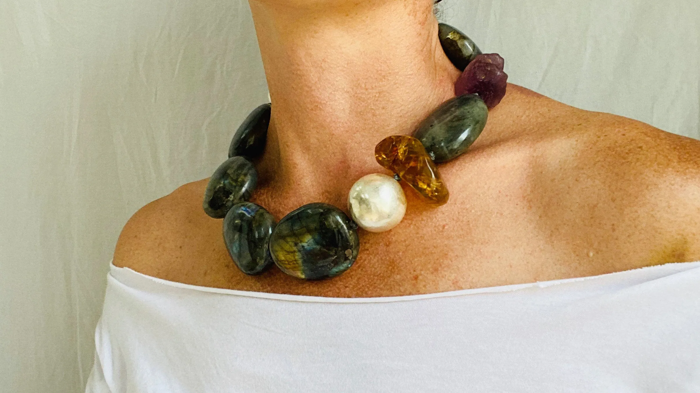 Labradorite, Amber & Flourite Necklace. Sterling Silver.