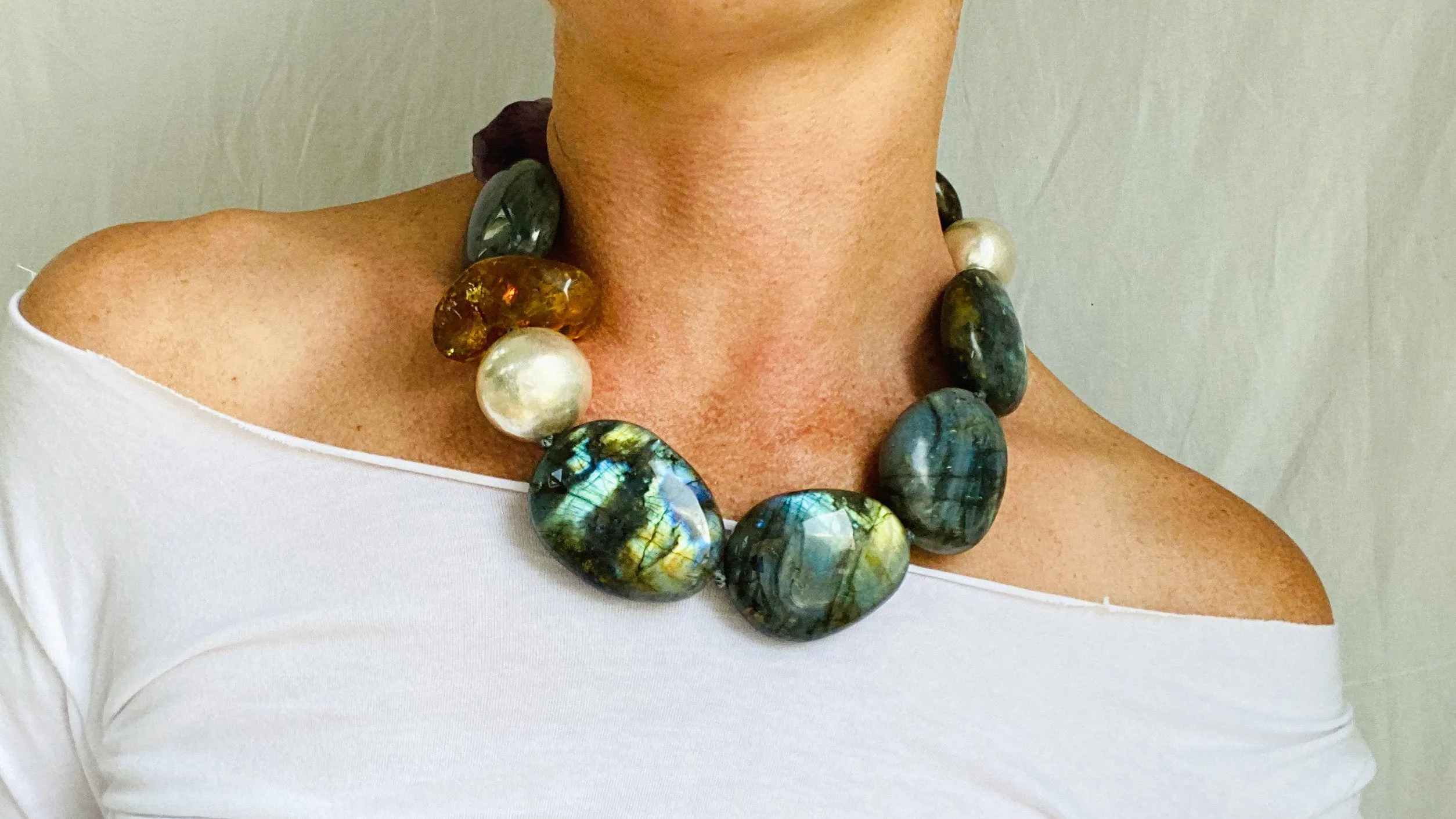 Labradorite, Amber & Flourite Necklace. Sterling Silver.