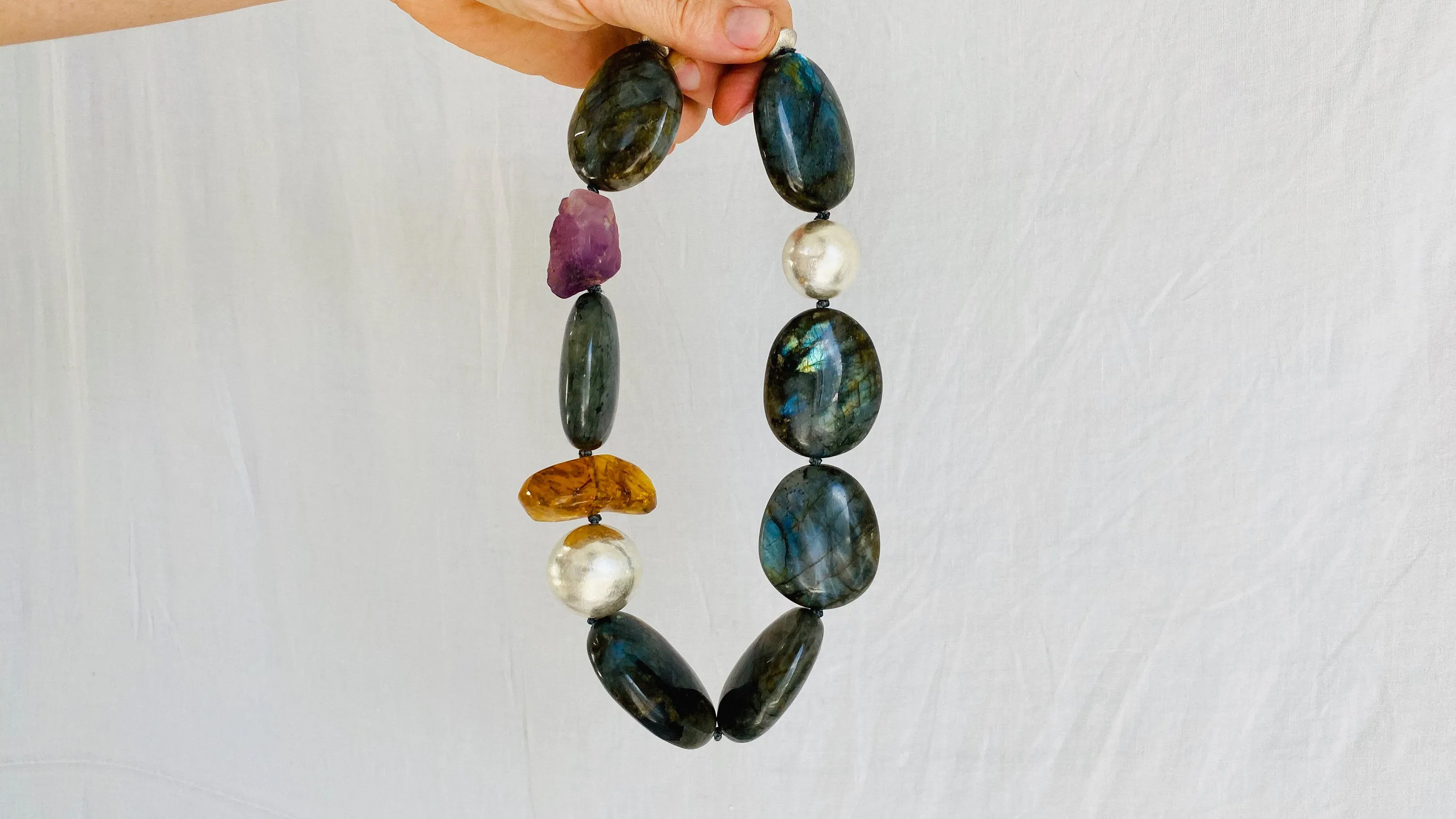 Labradorite, Amber & Flourite Necklace. Sterling Silver.
