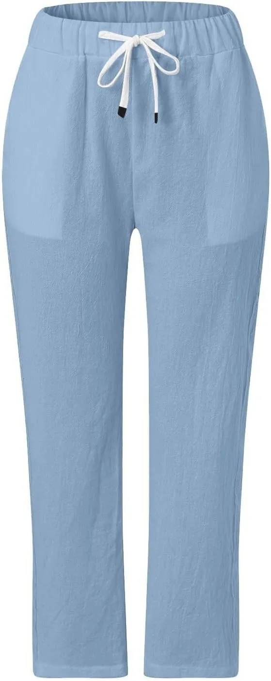 Linen Pants Women Long Button Down Loose Cotton Capri Pants for Women Stretch Summer Cargo Womens Capris Petite