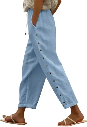 Linen Pants Women Long Button Down Loose Cotton Capri Pants for Women Stretch Summer Cargo Womens Capris Petite