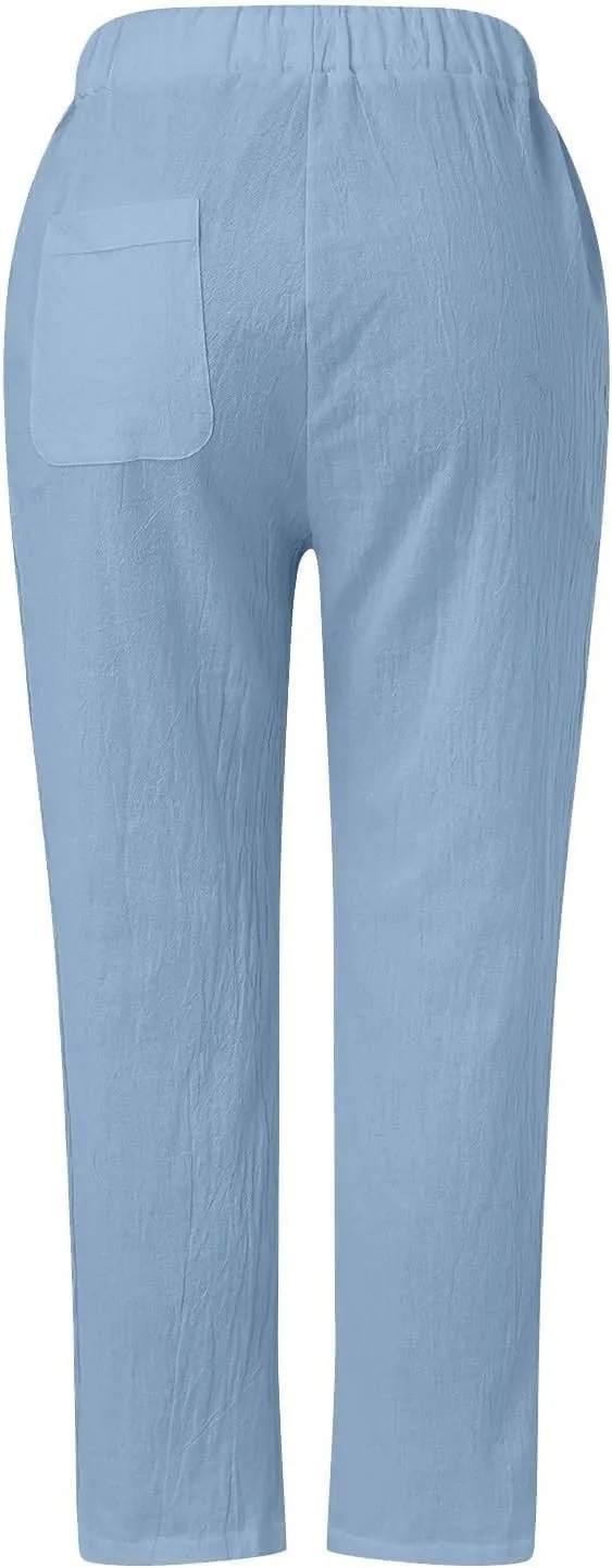Linen Pants Women Long Button Down Loose Cotton Capri Pants for Women Stretch Summer Cargo Womens Capris Petite