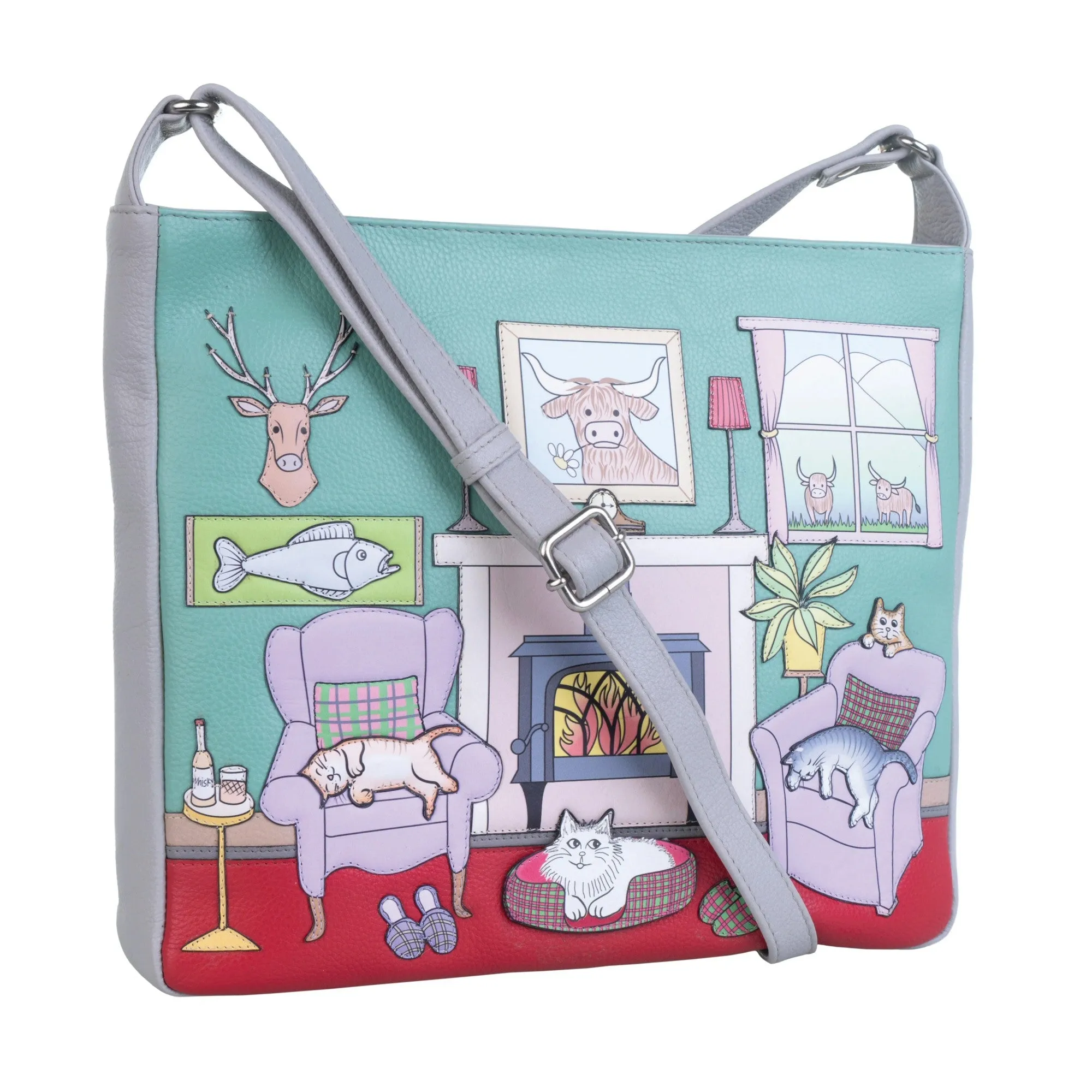 Mala Leather Grey Hamish's Cat House Compact Cross Body Bag