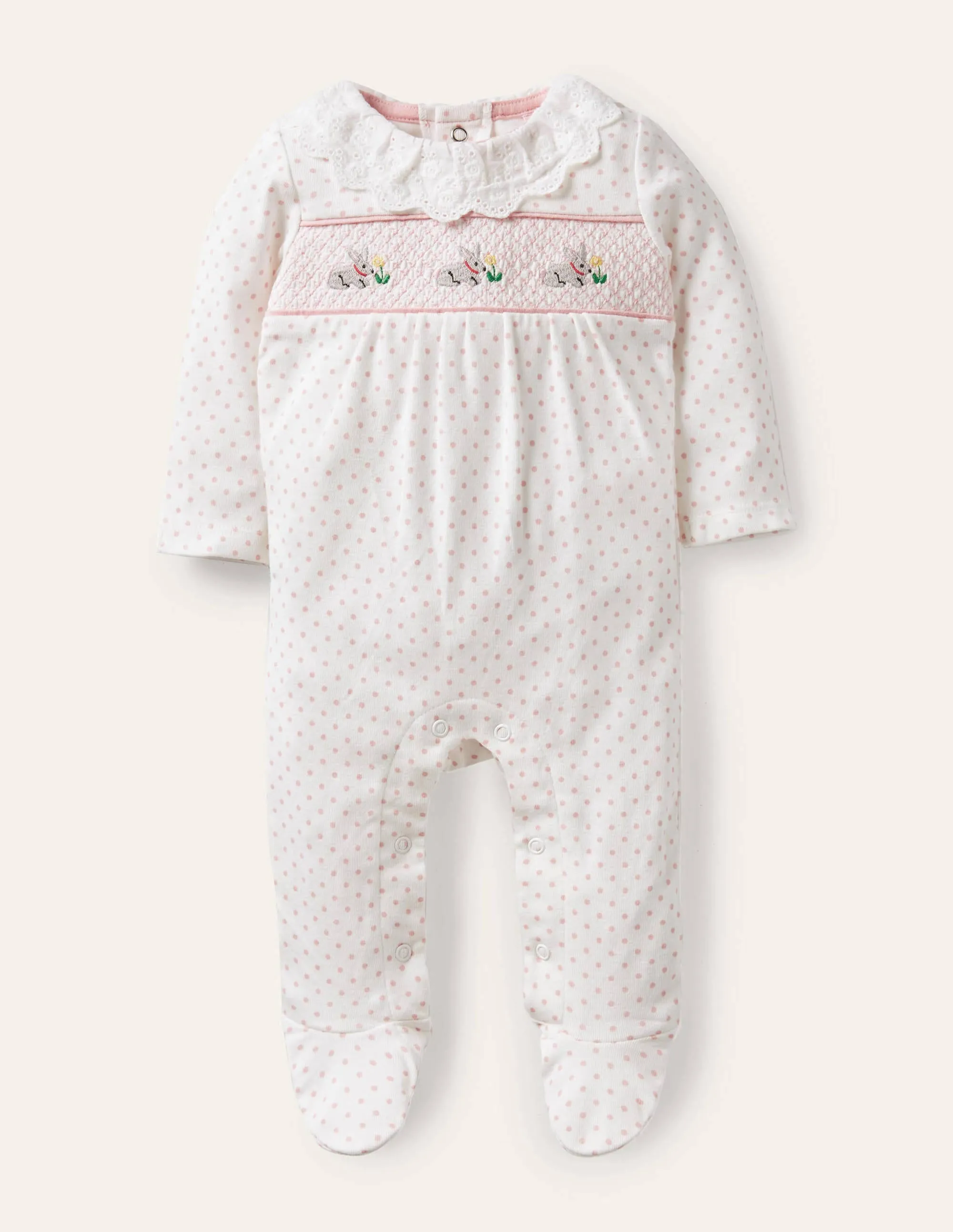 Organic Spot Smocked Sleepsuit-Boto Pink Tiny Spot