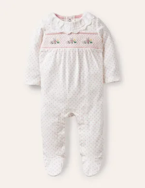 Organic Spot Smocked Sleepsuit-Boto Pink Tiny Spot