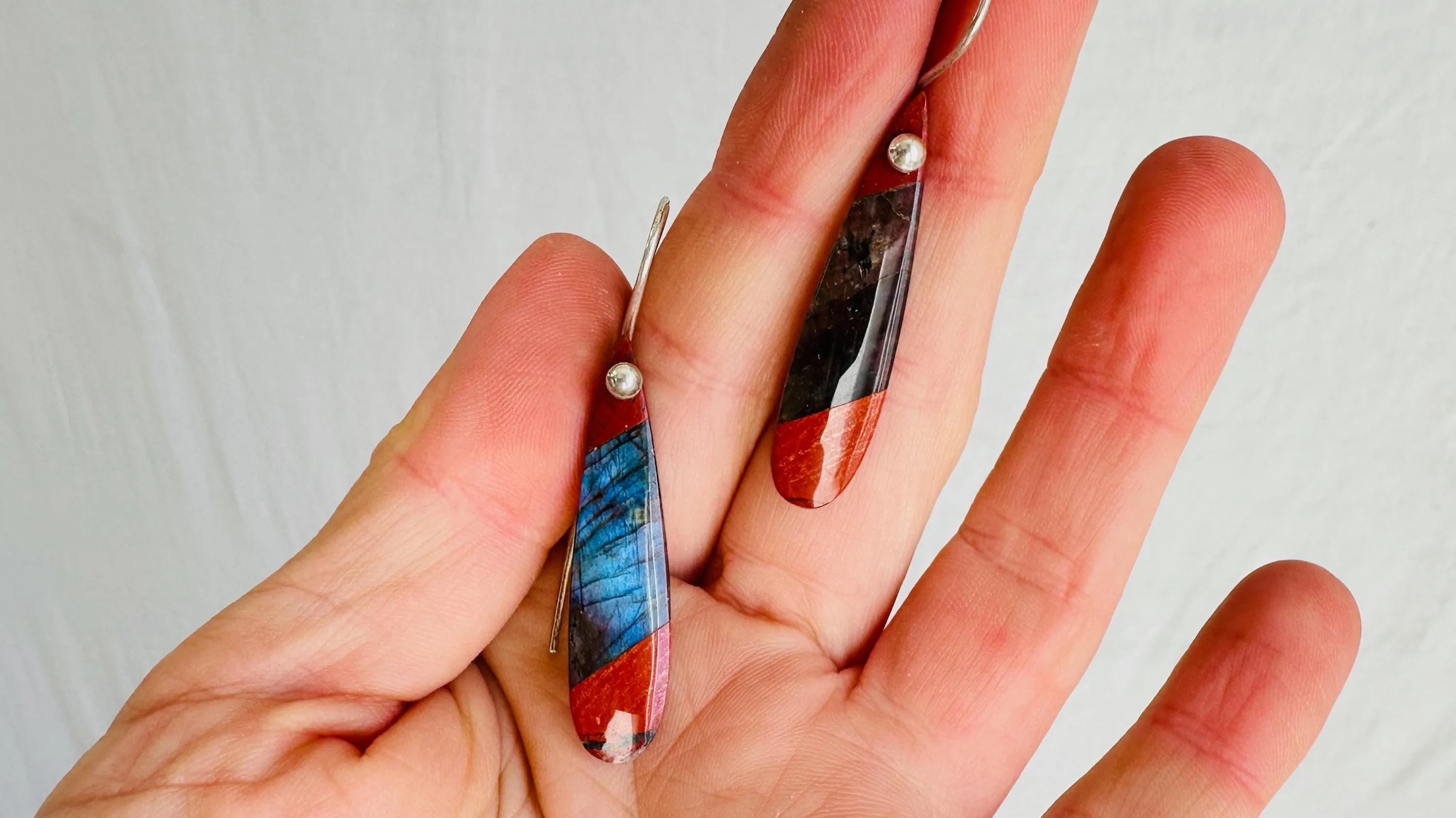 Stone Mosaic Earrings. Labradorite and Red Jasper Intarsia Jewelry. 2360