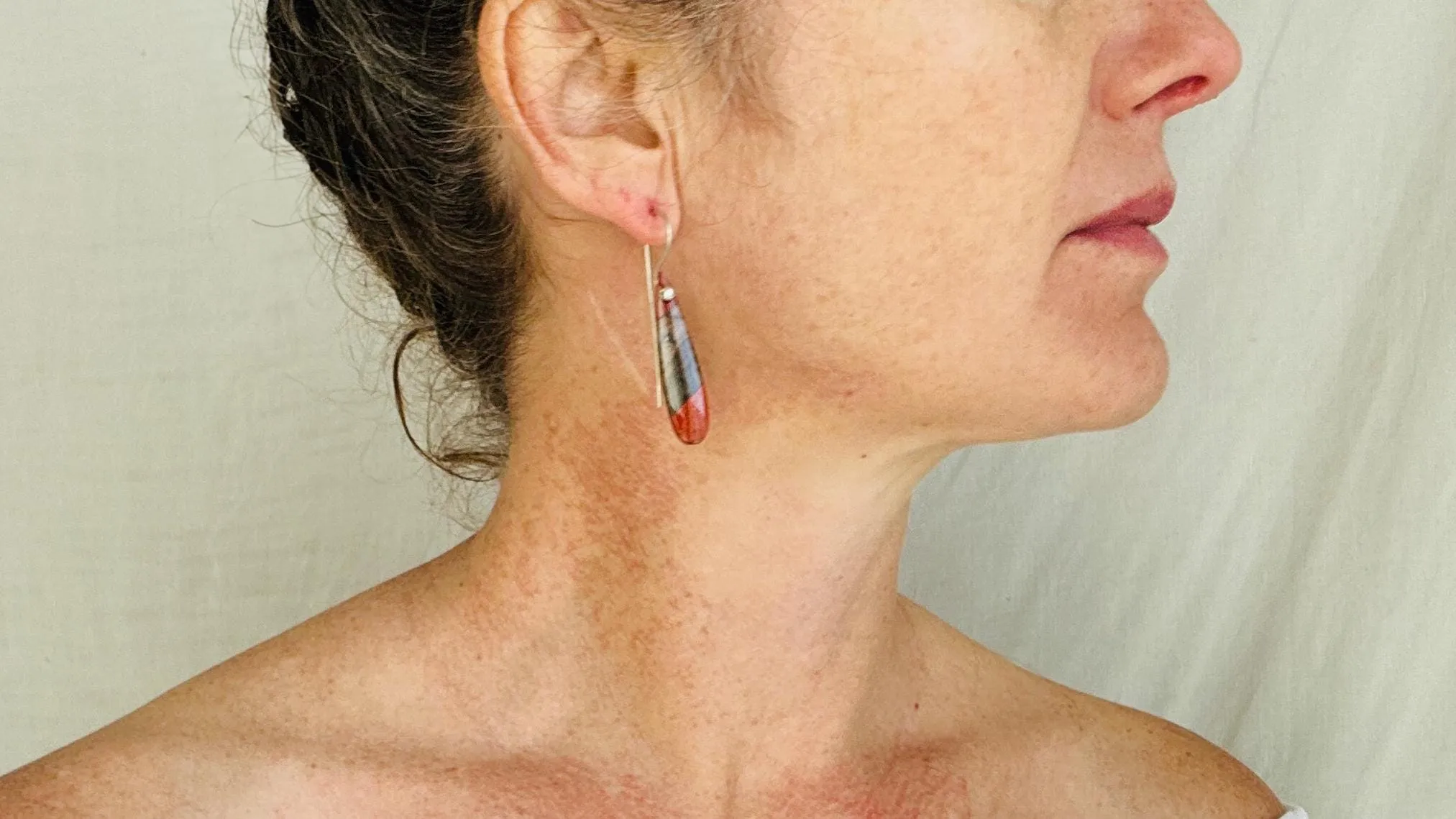 Stone Mosaic Earrings. Labradorite and Red Jasper Intarsia Jewelry. 2360